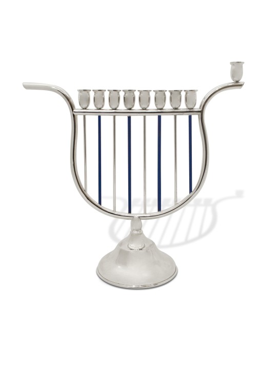 חנוכיית כסף סטרלינג צבעונית בצורת נבל , מתנות חתונה יהודיות ,
